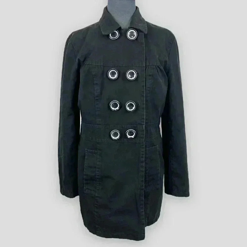 Flash Lights Women’s Double Breasted Trench Coat 10 Black Ring Buttons Lined